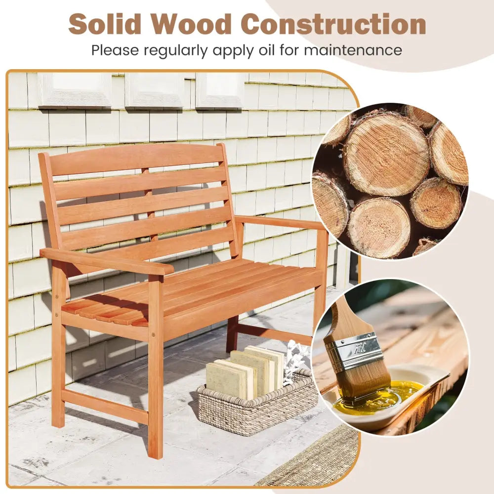 2-Person Wooden Garden Bench with Slatted Backrest and Comfortable Armrests - Natural - Outdoor Benches