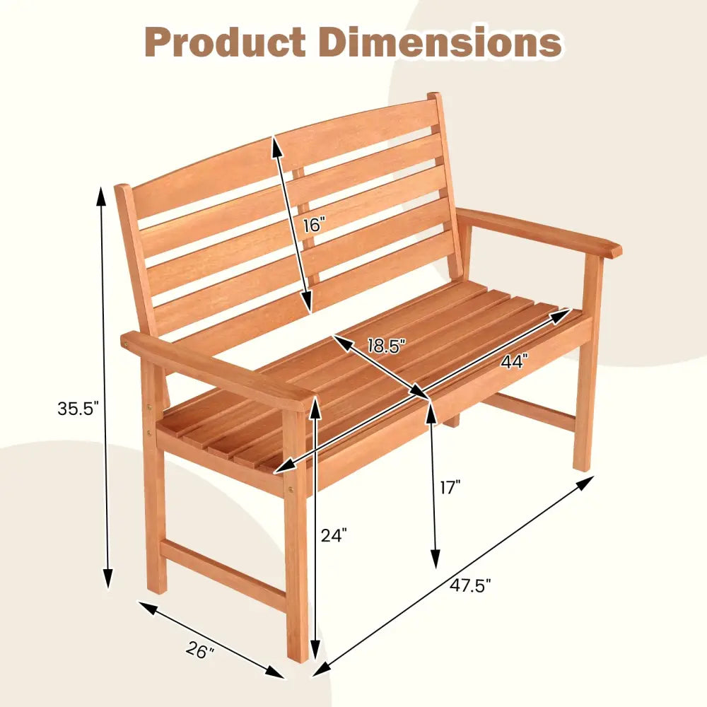 2-Person Wooden Garden Bench with Slatted Backrest and Comfortable Armrests - Natural - Outdoor Benches