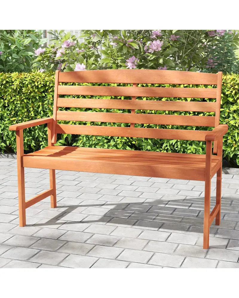 2-Person Wooden Garden Bench with Slatted Backrest and Comfortable Armrests - Natural - Outdoor Benches