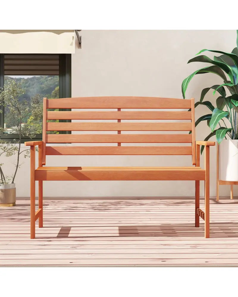 2-Person Wooden Garden Bench with Slatted Backrest and Comfortable Armrests - Natural - Outdoor Benches