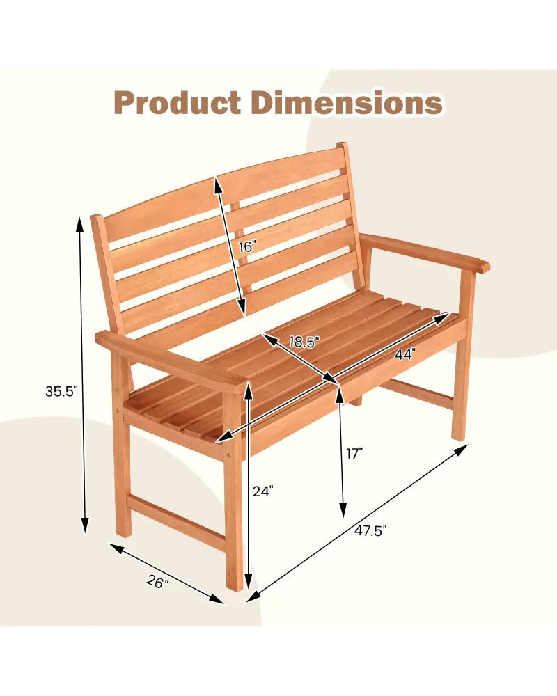 2-Person Wooden Garden Bench with Slatted Backrest and Comfortable Armrests - Natural - Outdoor Benches