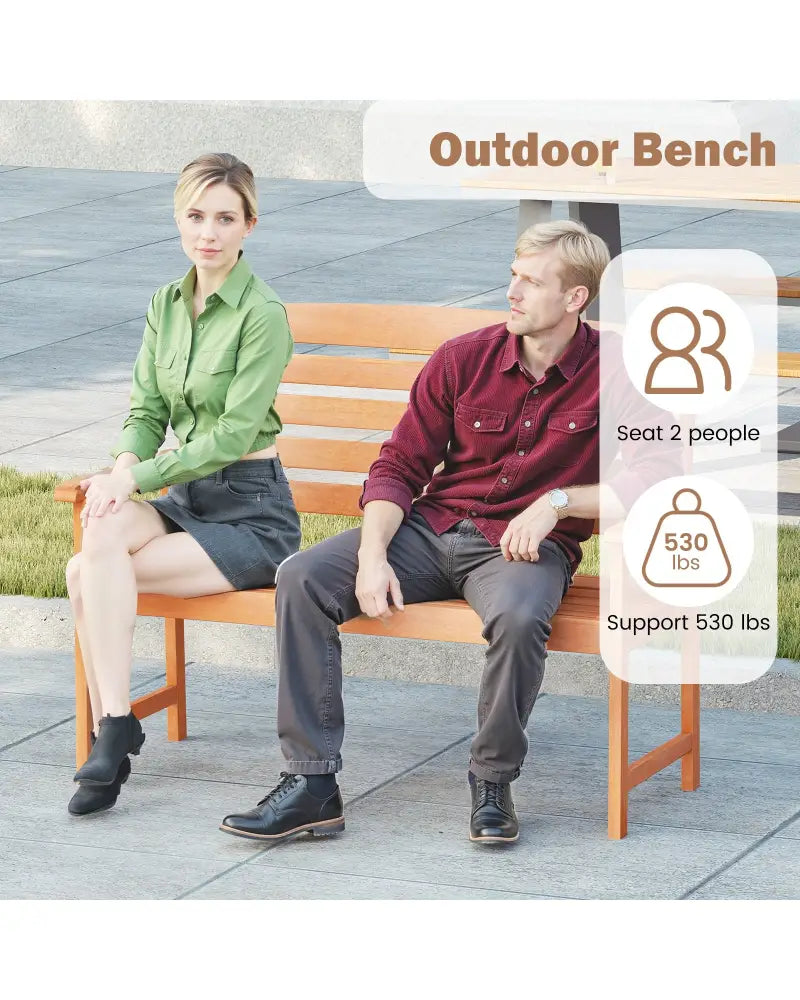 2-Person Wooden Garden Bench with Slatted Backrest and Comfortable Armrests - Natural - Outdoor Benches