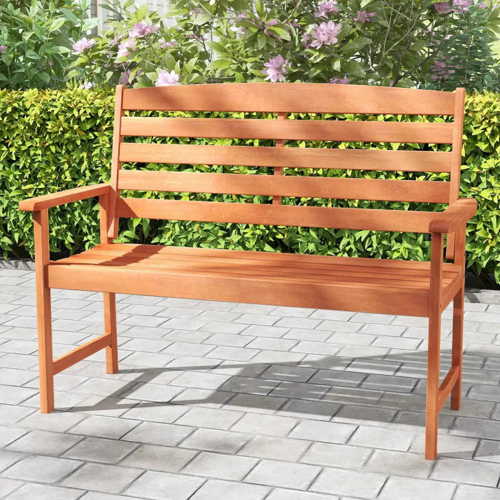 2-Person Wooden Garden Bench with Slatted Backrest and Comfortable Armrests - Natural - Outdoor Benches