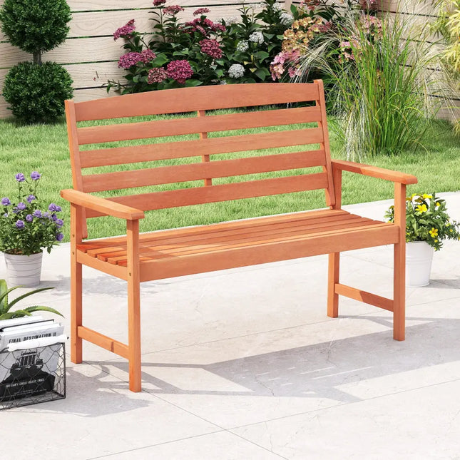 2-Person Wooden Garden Bench with Slatted Backrest and Comfortable Armrests - Natural - Outdoor Benches