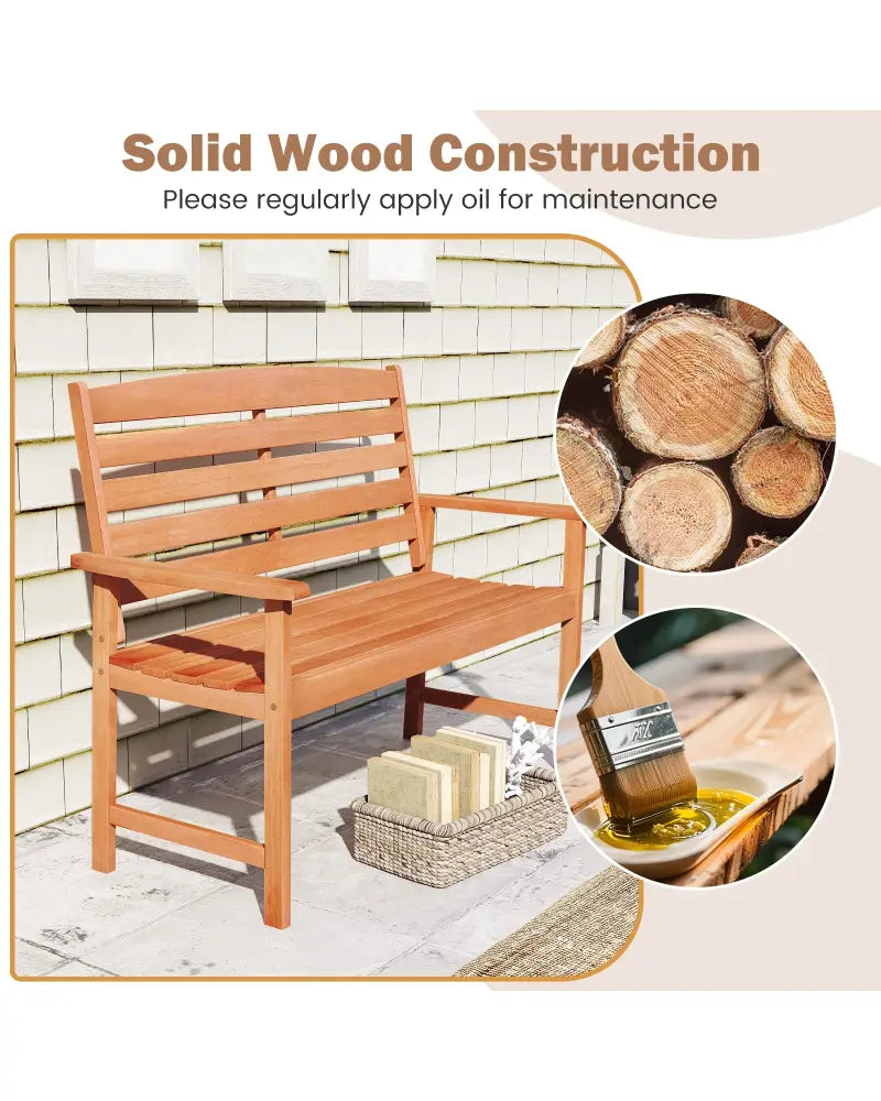 2-Person Wooden Garden Bench with Slatted Backrest and Comfortable Armrests - Natural - Outdoor Benches