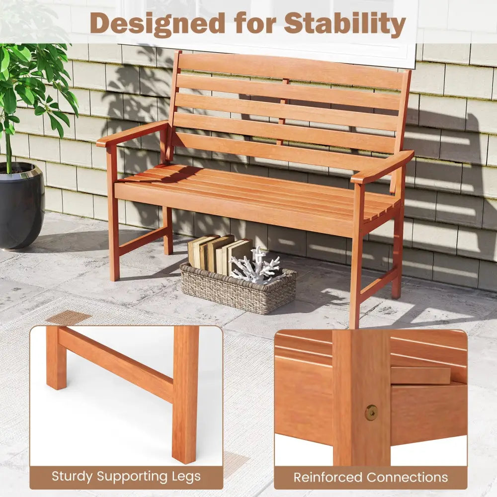 2-Person Wooden Garden Bench with Slatted Backrest and Comfortable Armrests - Natural - Outdoor Benches