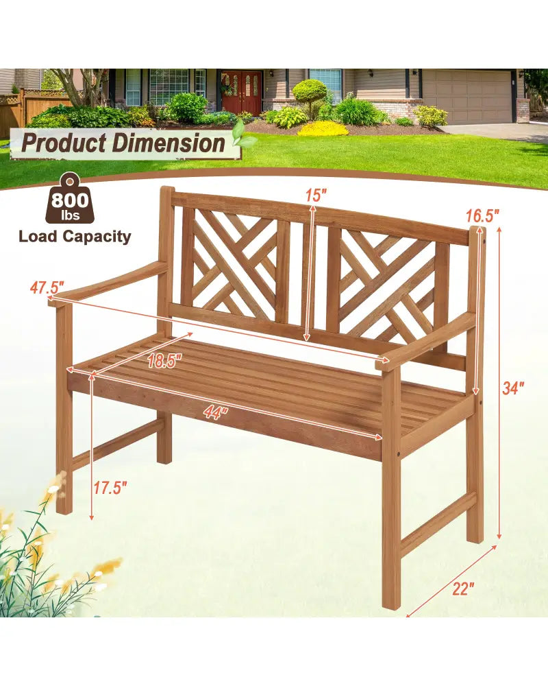 2-Person Wooden Outdoor Bench with Cozy Armrest and Backrest - Brown - Outdoor Benches