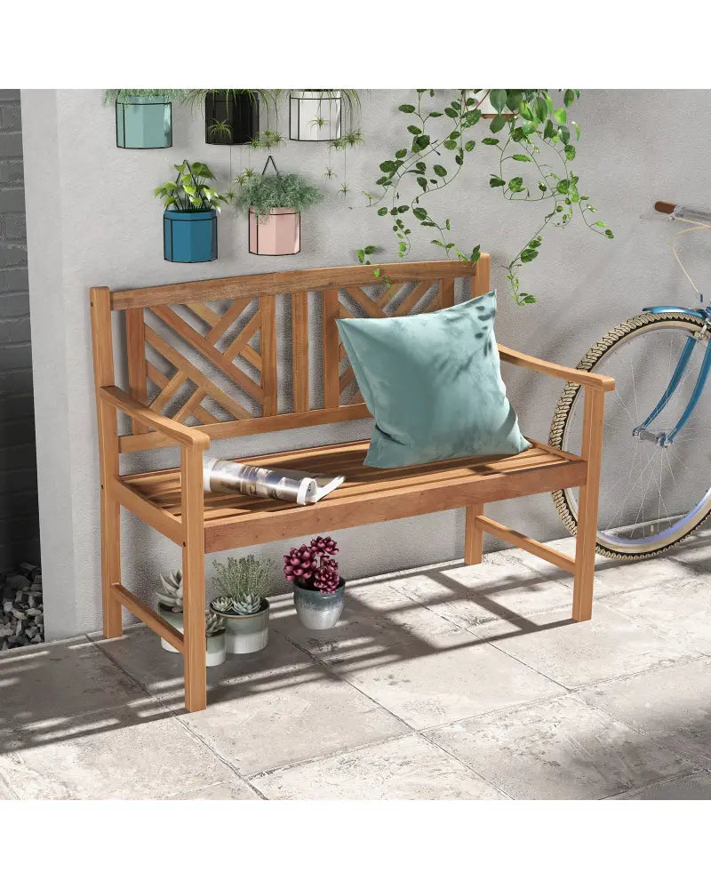 2-Person Wooden Outdoor Bench with Cozy Armrest and Backrest - Brown - Outdoor Benches