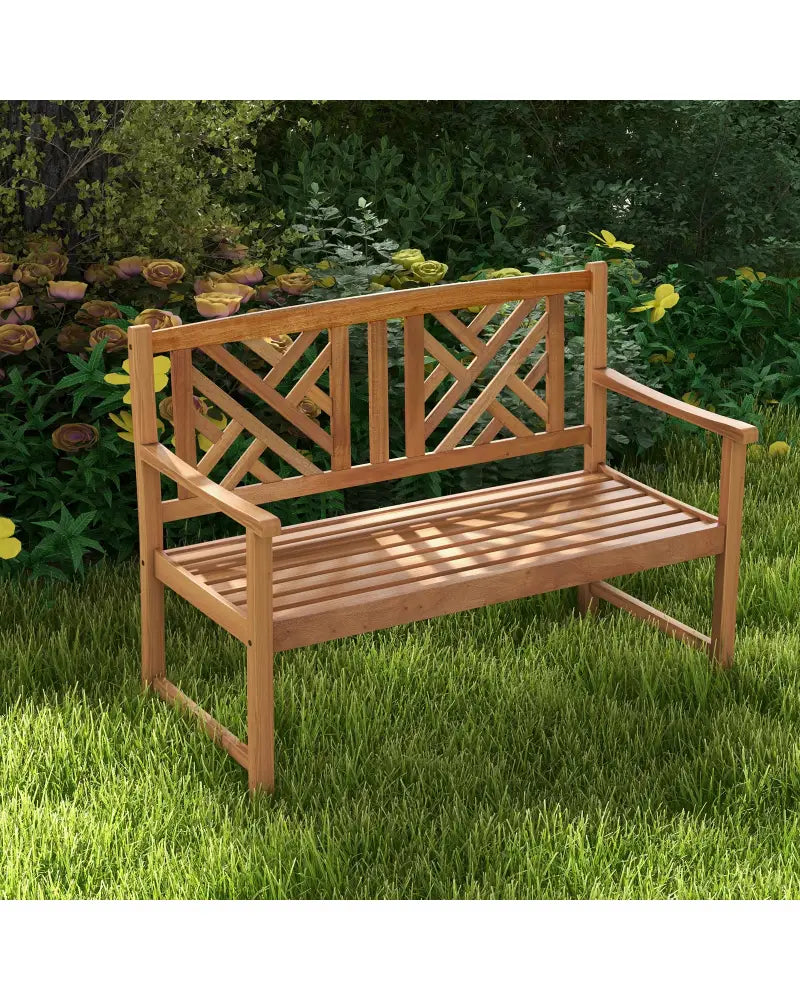 2-Person Wooden Outdoor Bench with Cozy Armrest and Backrest - Brown - Outdoor Benches