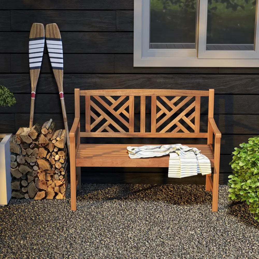 2-Person Wooden Outdoor Bench with Cozy Armrest and Backrest - Brown - Outdoor Benches