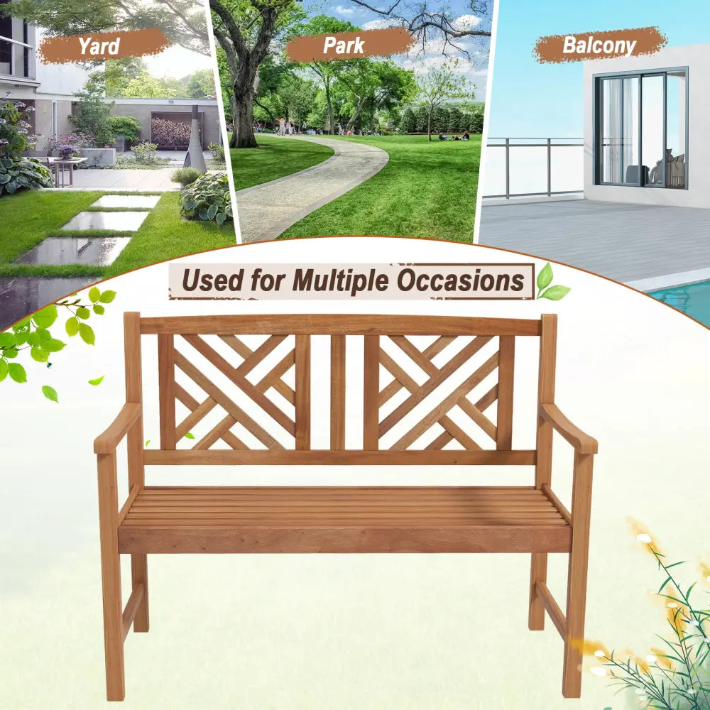 2-Person Wooden Outdoor Bench with Cozy Armrest and Backrest - Brown - Outdoor Benches