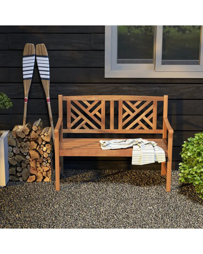 2-Person Wooden Outdoor Bench with Cozy Armrest and Backrest - Brown - Outdoor Benches