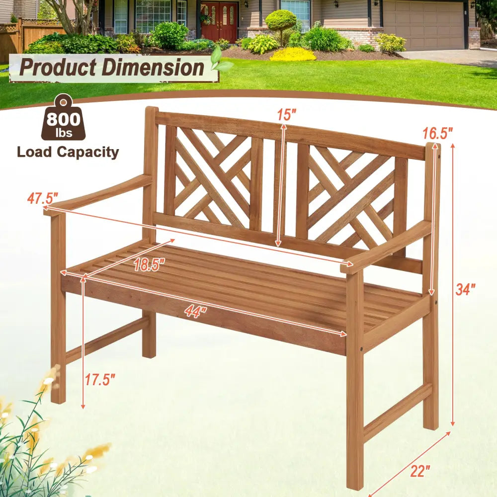 2-Person Wooden Outdoor Bench with Cozy Armrest and Backrest - Brown - Outdoor Benches