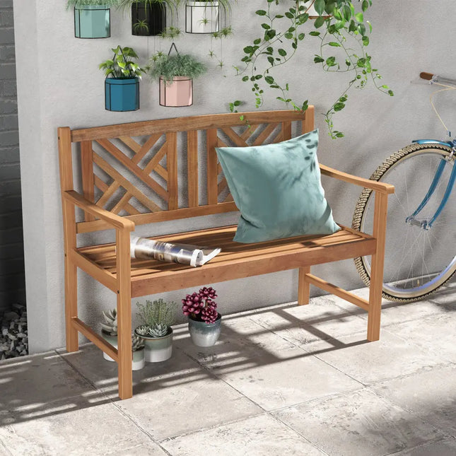 2-Person Wooden Outdoor Bench with Cozy Armrest and Backrest - Brown - Outdoor Benches