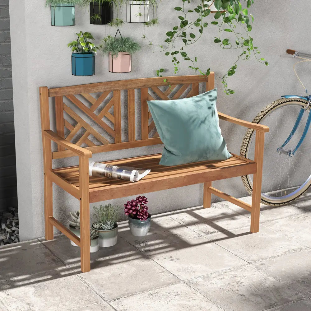 2-Person Wooden Outdoor Bench with Cozy Armrest and Backrest - Brown - Outdoor Benches