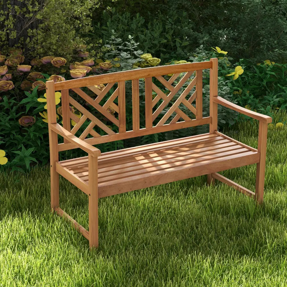 2-Person Wooden Outdoor Bench with Cozy Armrest and Backrest - Brown - Outdoor Benches