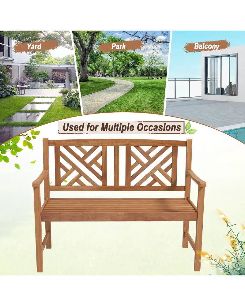 2-Person Wooden Outdoor Bench with Cozy Armrest and Backrest - Brown - Outdoor Benches