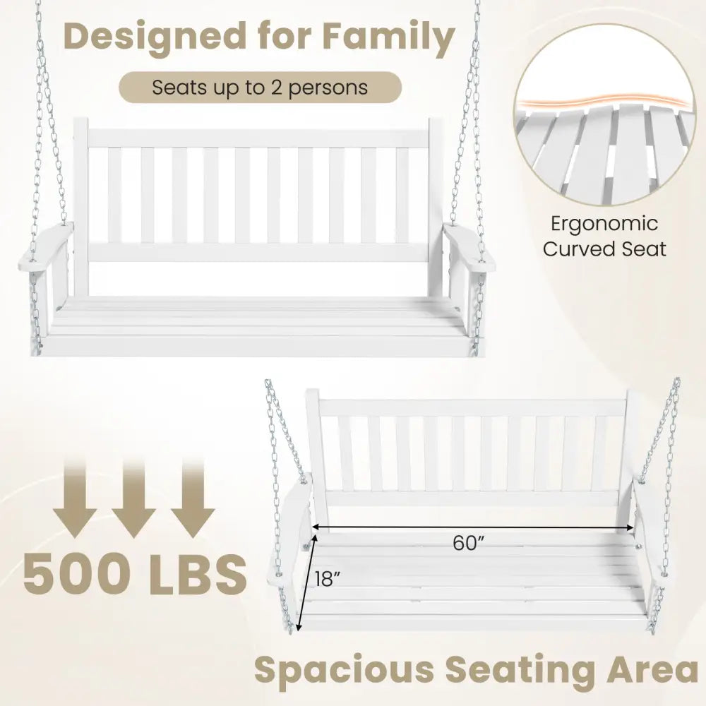 2-Person Wooden Outdoor Porch Swing with 500 lbs Weight Capacity-White - White - Porch Swings