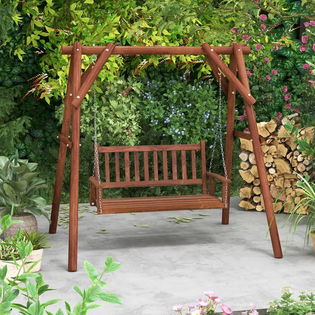 2-Person Wooden Outdoor Porch Swing with 500 lbs Weight Capacity-Brown - Brown - Porch Swings
