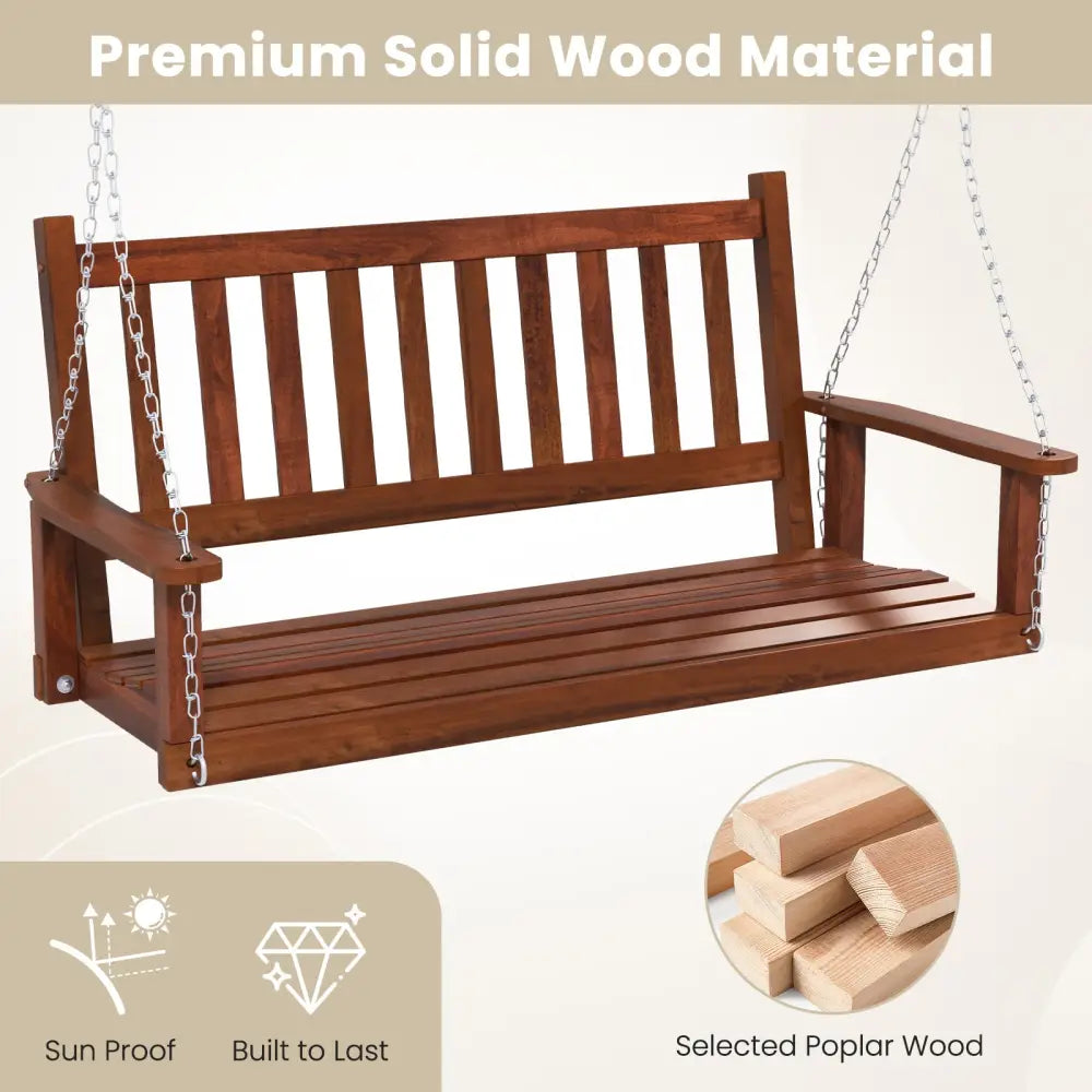 2-Person Wooden Outdoor Porch Swing with 500 lbs Weight Capacity-Brown - Brown - Porch Swings