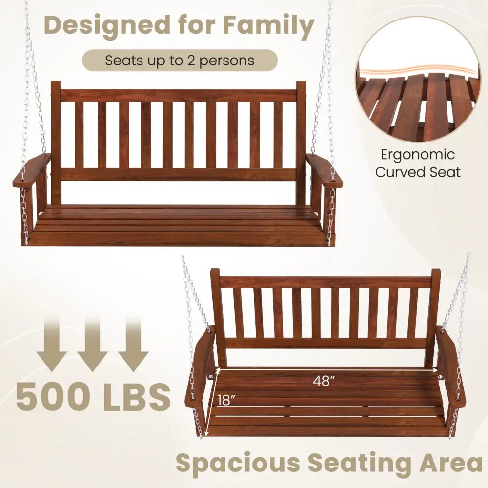 2-Person Wooden Outdoor Porch Swing with 500 lbs Weight Capacity-Brown - Brown - Porch Swings
