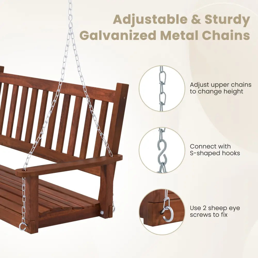 2-Person Wooden Outdoor Porch Swing with 500 lbs Weight Capacity-Brown - Brown - Porch Swings
