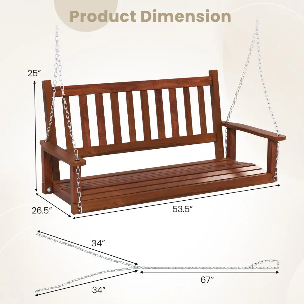 2-Person Wooden Outdoor Porch Swing with 500 lbs Weight Capacity-Brown - Brown - Porch Swings
