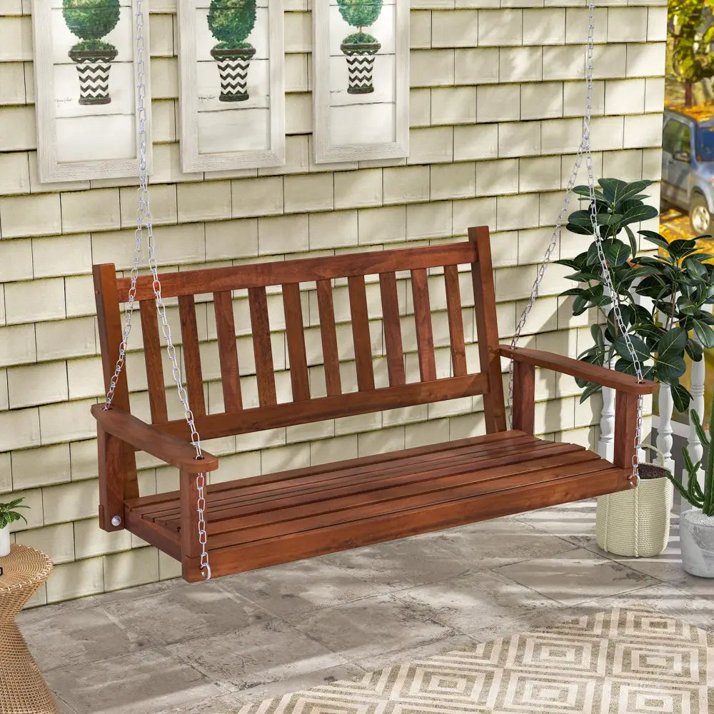 2-Person Wooden Outdoor Porch Swing with 500 lbs Weight Capacity-Brown - Brown - Porch Swings