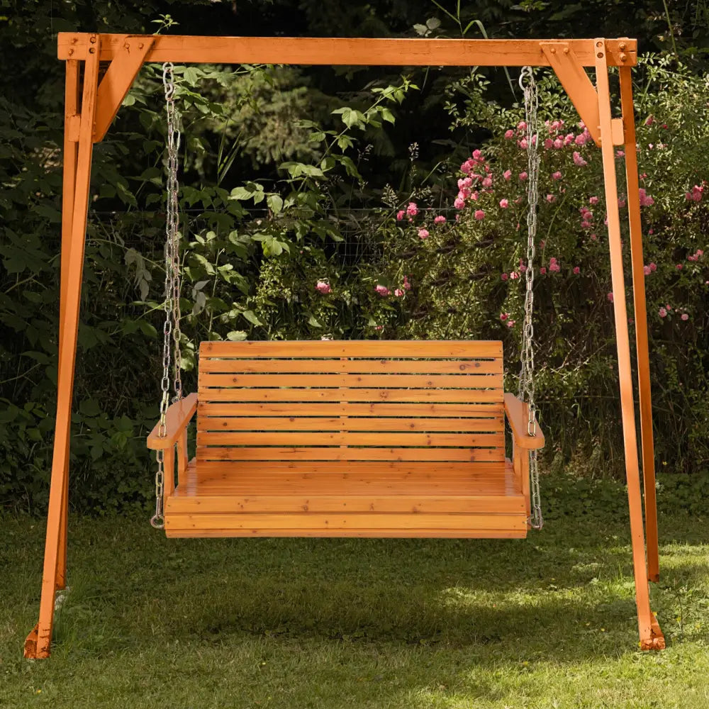 2-Person Wooden Porch Swing with Hanging Chains for Garden Yard-Orange - Orange - Porch Swings