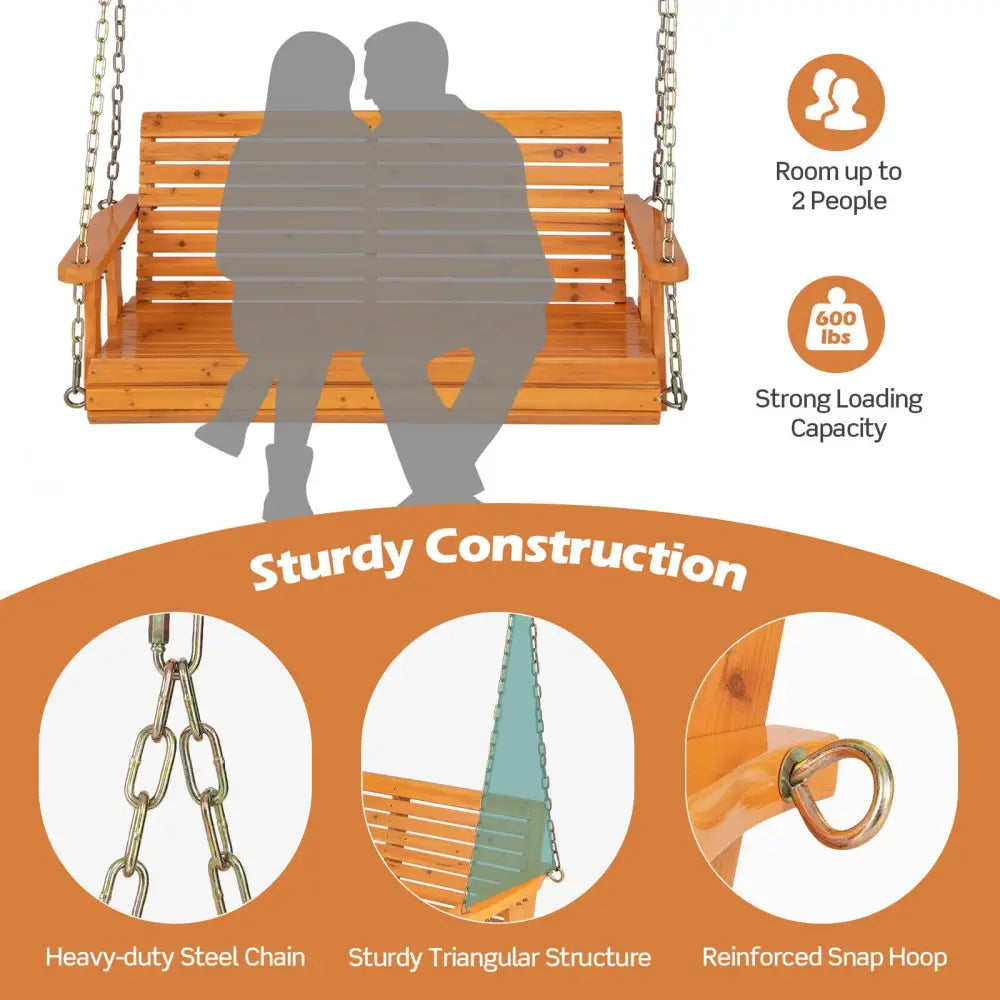 2-Person Wooden Porch Swing with Hanging Chains for Garden Yard-Orange - Orange - Porch Swings
