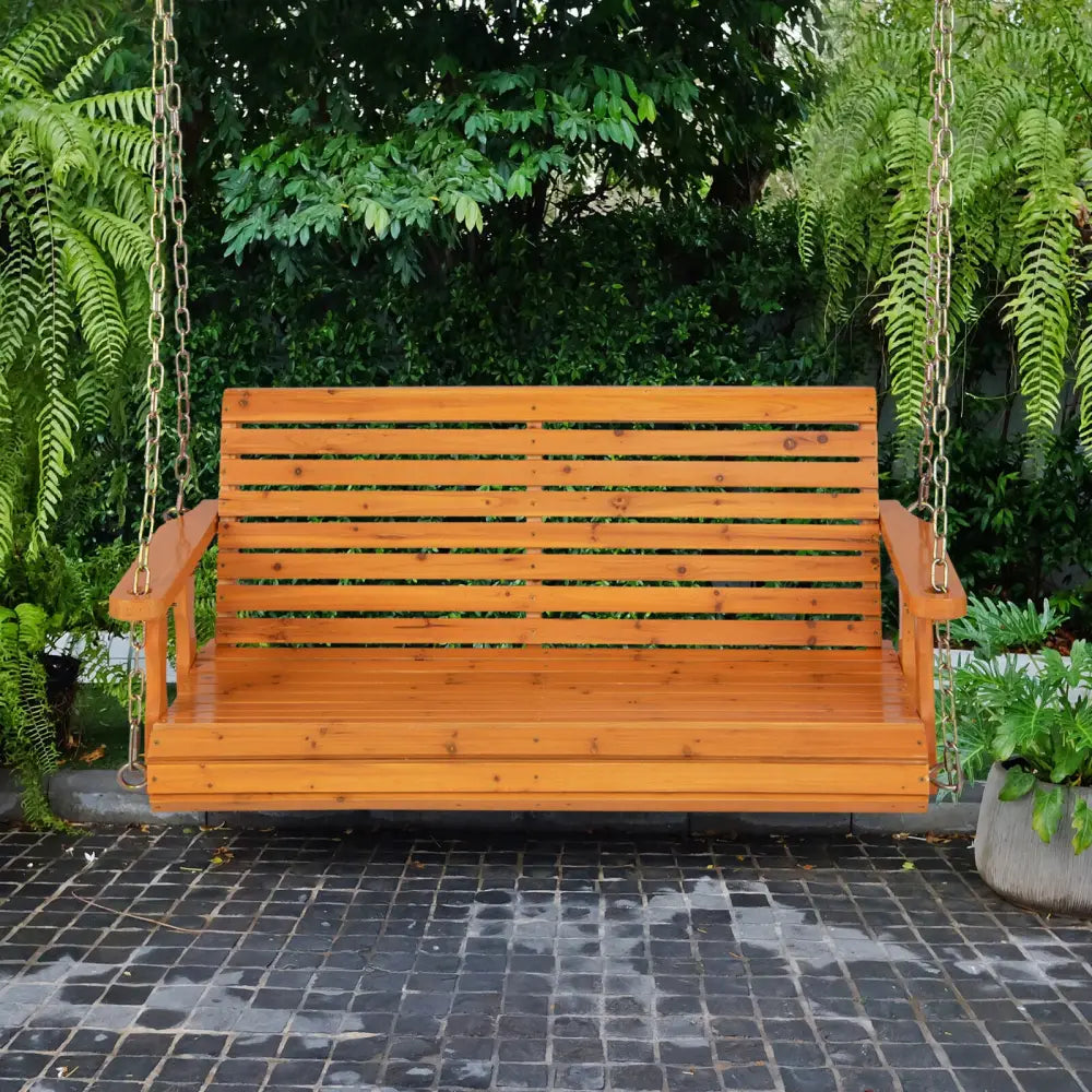 2-Person Wooden Porch Swing with Hanging Chains for Garden Yard-Orange - Orange - Porch Swings