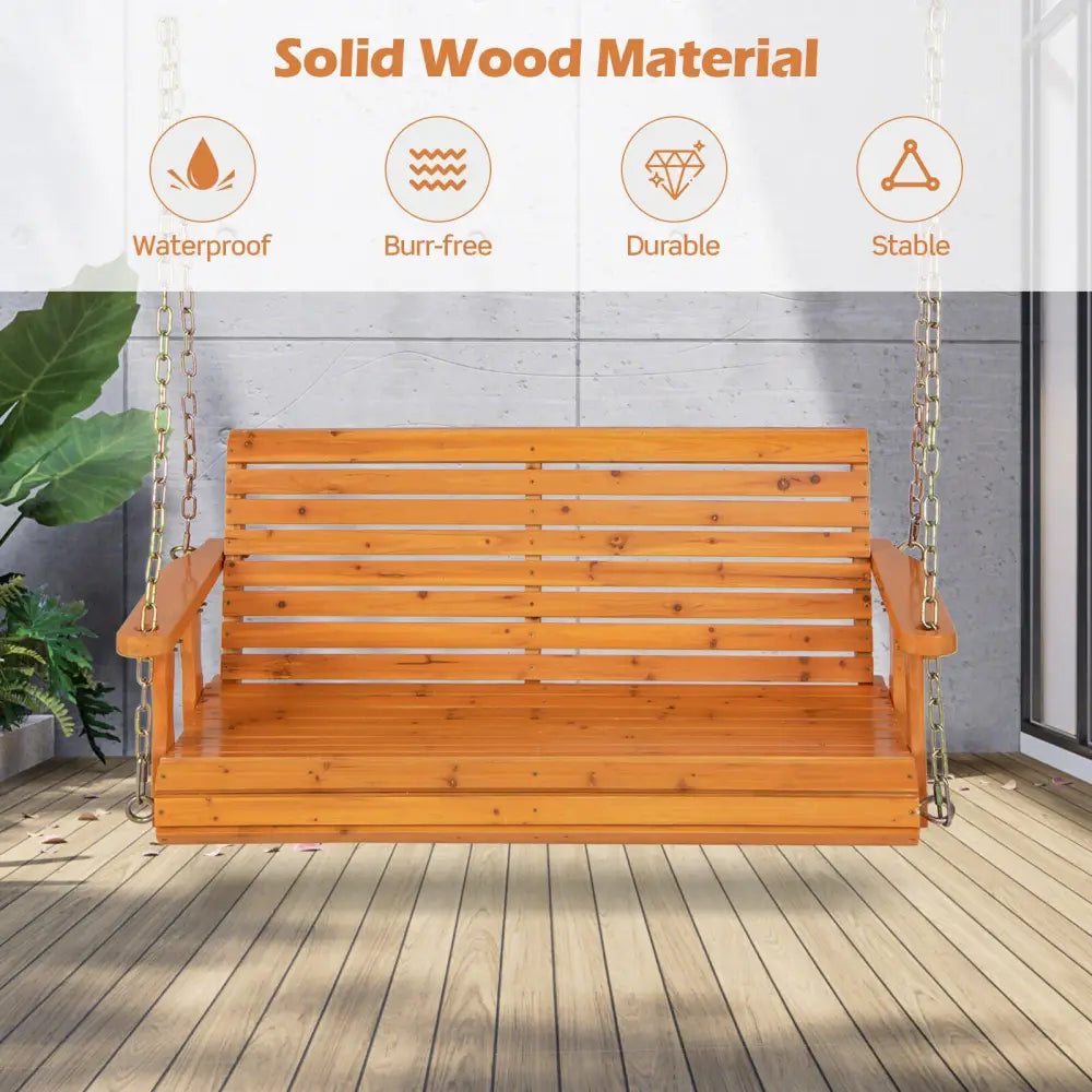 2-Person Wooden Porch Swing with Hanging Chains for Garden Yard-Orange - Orange - Porch Swings