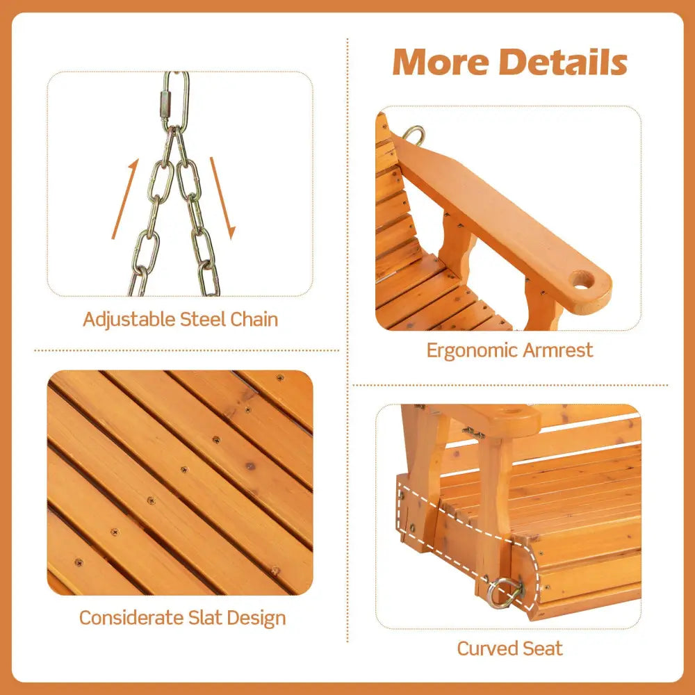 2-Person Wooden Porch Swing with Hanging Chains for Garden Yard-Orange - Orange - Porch Swings