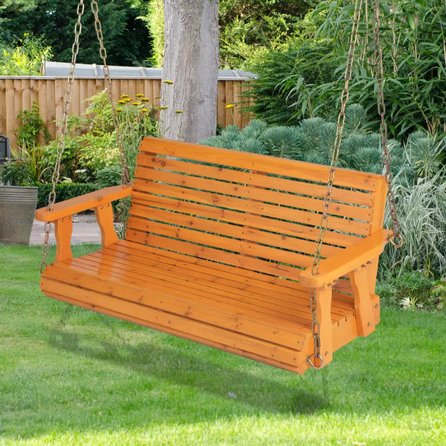 2-Person Wooden Porch Swing with Hanging Chains for Garden Yard-Orange - Orange - Porch Swings