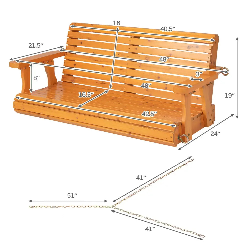 2-Person Wooden Porch Swing with Hanging Chains for Garden Yard-Orange - Orange - Porch Swings