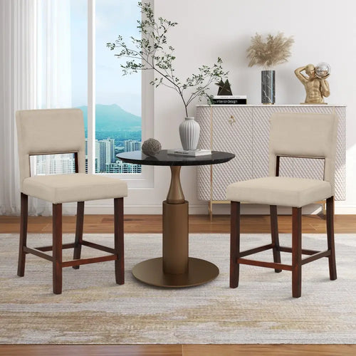 2 Piece Bar Chair Set with Hollowed Back and Rubber Wood Legs-Beige - Beige - Bar Stools