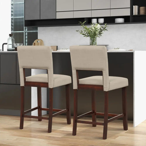 2 Piece Bar Chair Set with Hollowed Back and Rubber Wood Legs-Beige - Beige - Bar Stools
