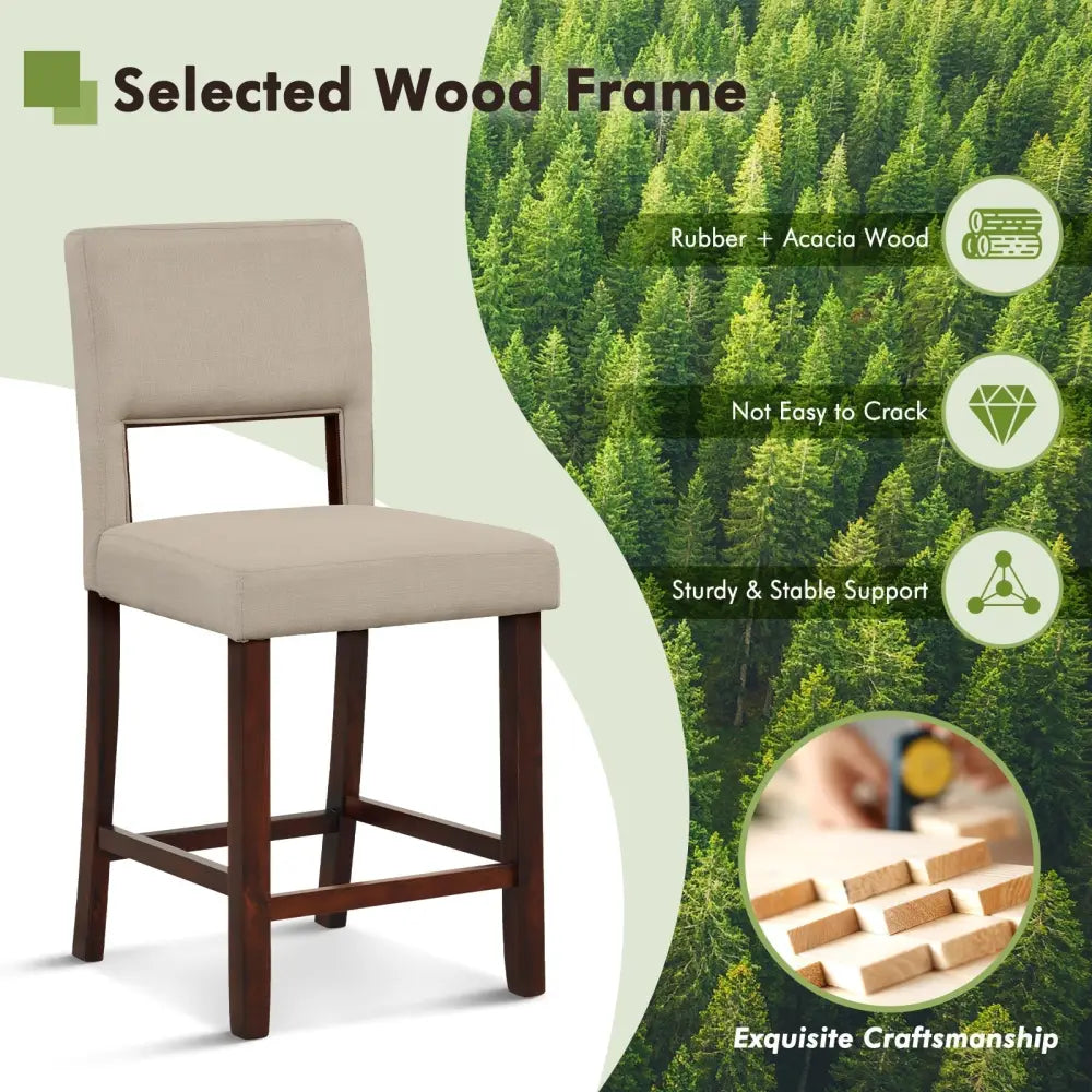 2 Piece Bar Chair Set with Hollowed Back and Rubber Wood Legs-Beige Costway