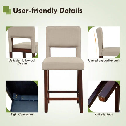 2 Piece Bar Chair Set with Hollowed Back and Rubber Wood Legs-Beige Costway