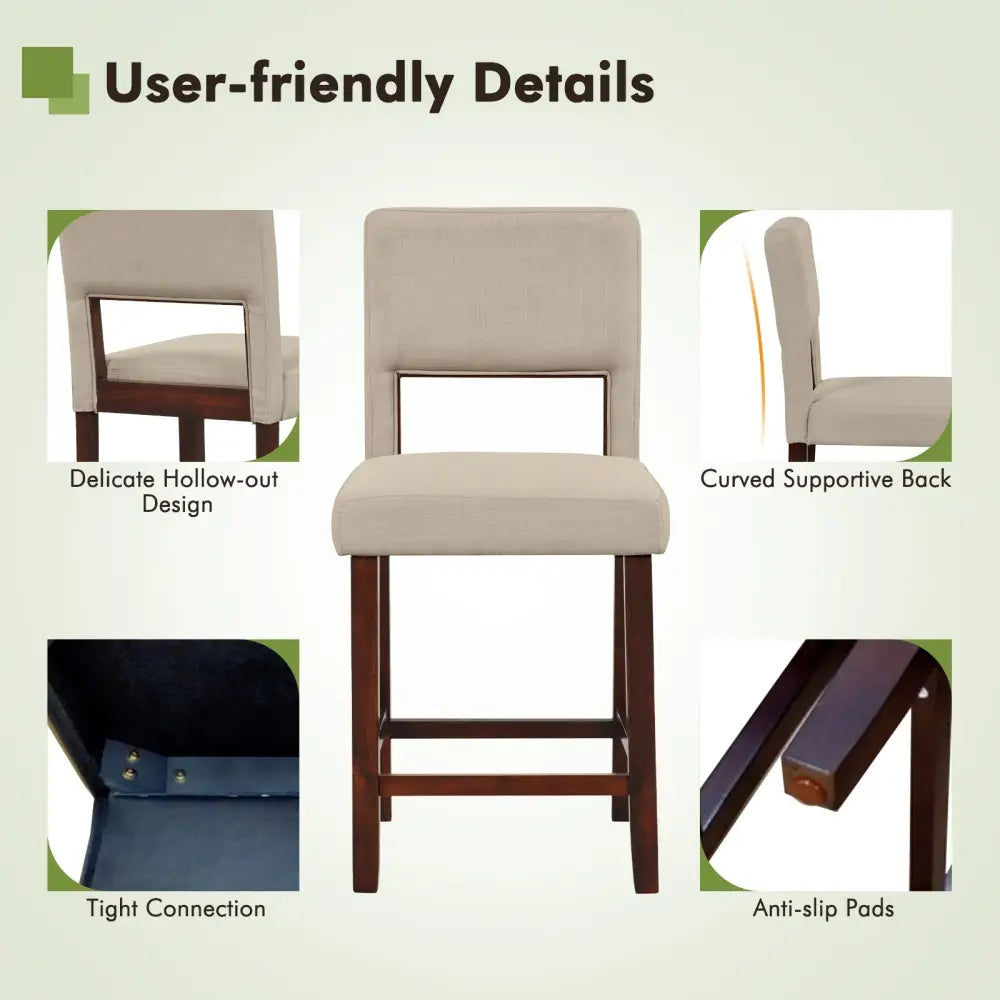 2 Piece Bar Chair Set with Hollowed Back and Rubber Wood Legs-Beige Costway