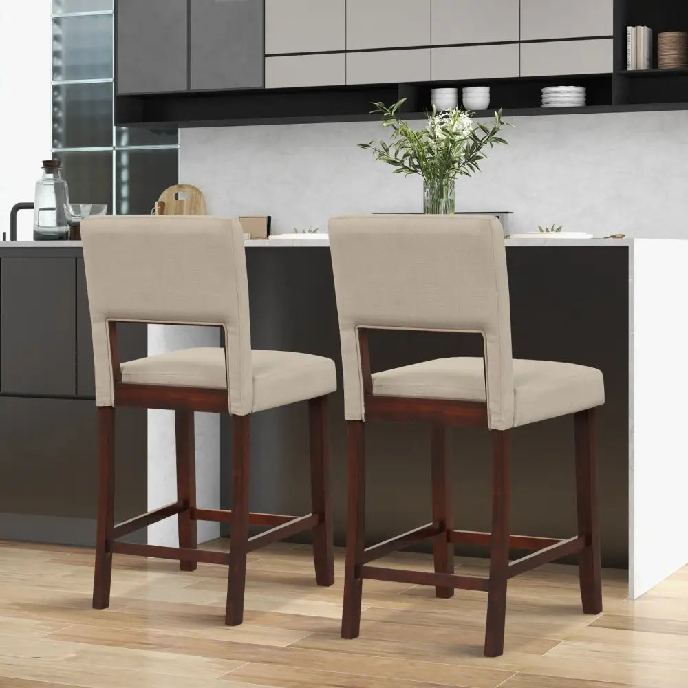 2 Piece Bar Chair Set with Hollowed Back and Rubber Wood Legs-Beige Costway