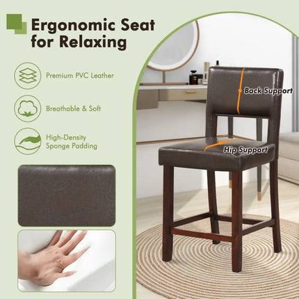 2 Piece Bar Chair Set with Hollowed Back and Rubber Wood Legs-Brown Costway