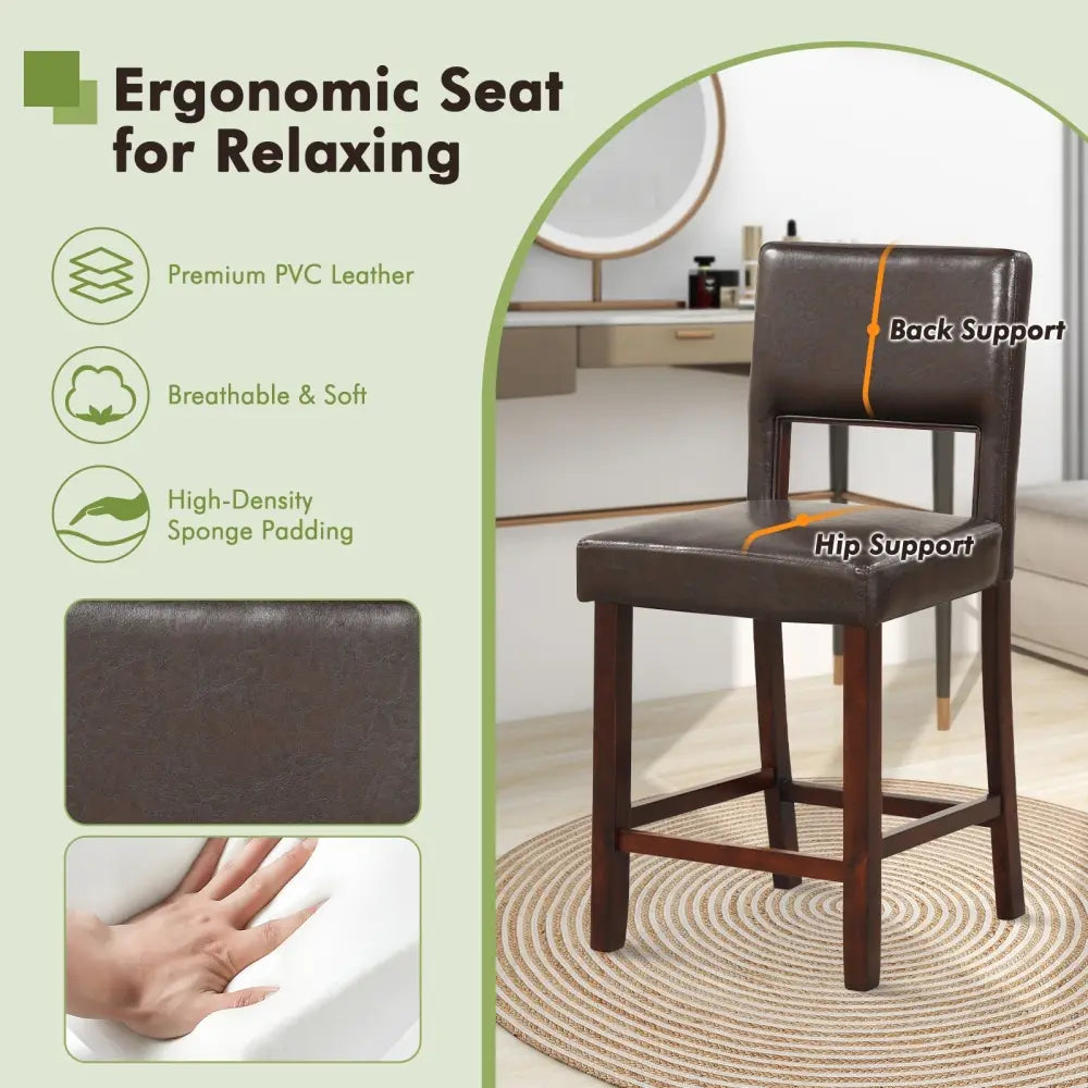 2 Piece Bar Chair Set with Hollowed Back and Rubber Wood Legs-Brown Costway