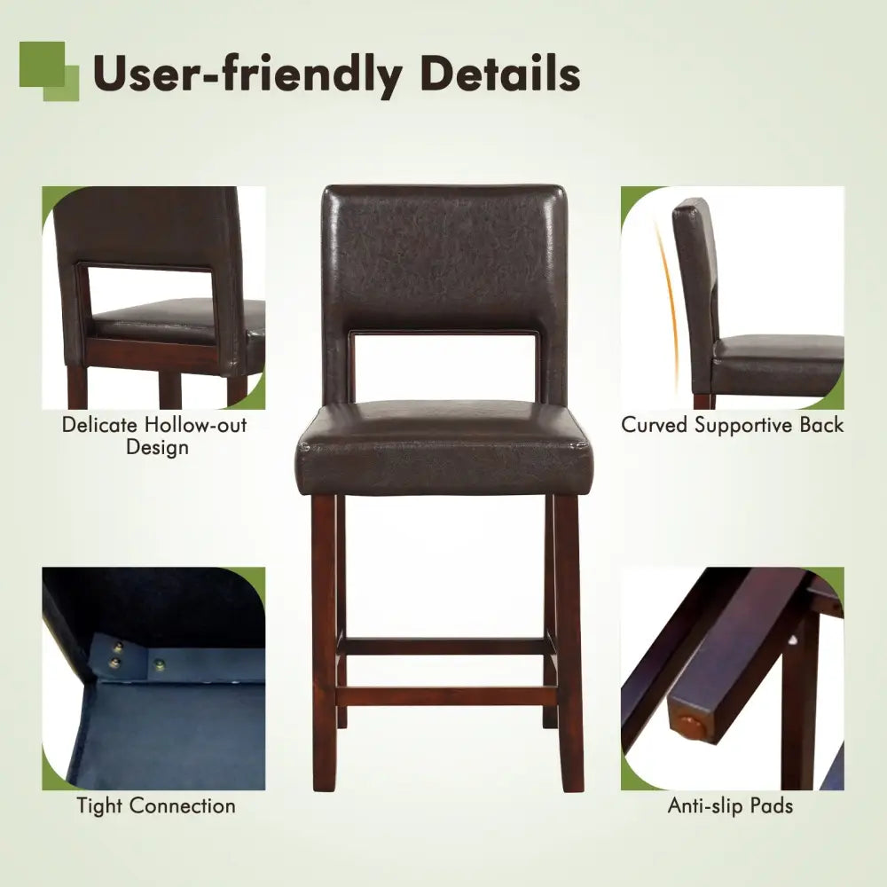 2 Piece Bar Chair Set with Hollowed Back and Rubber Wood Legs-Brown Costway