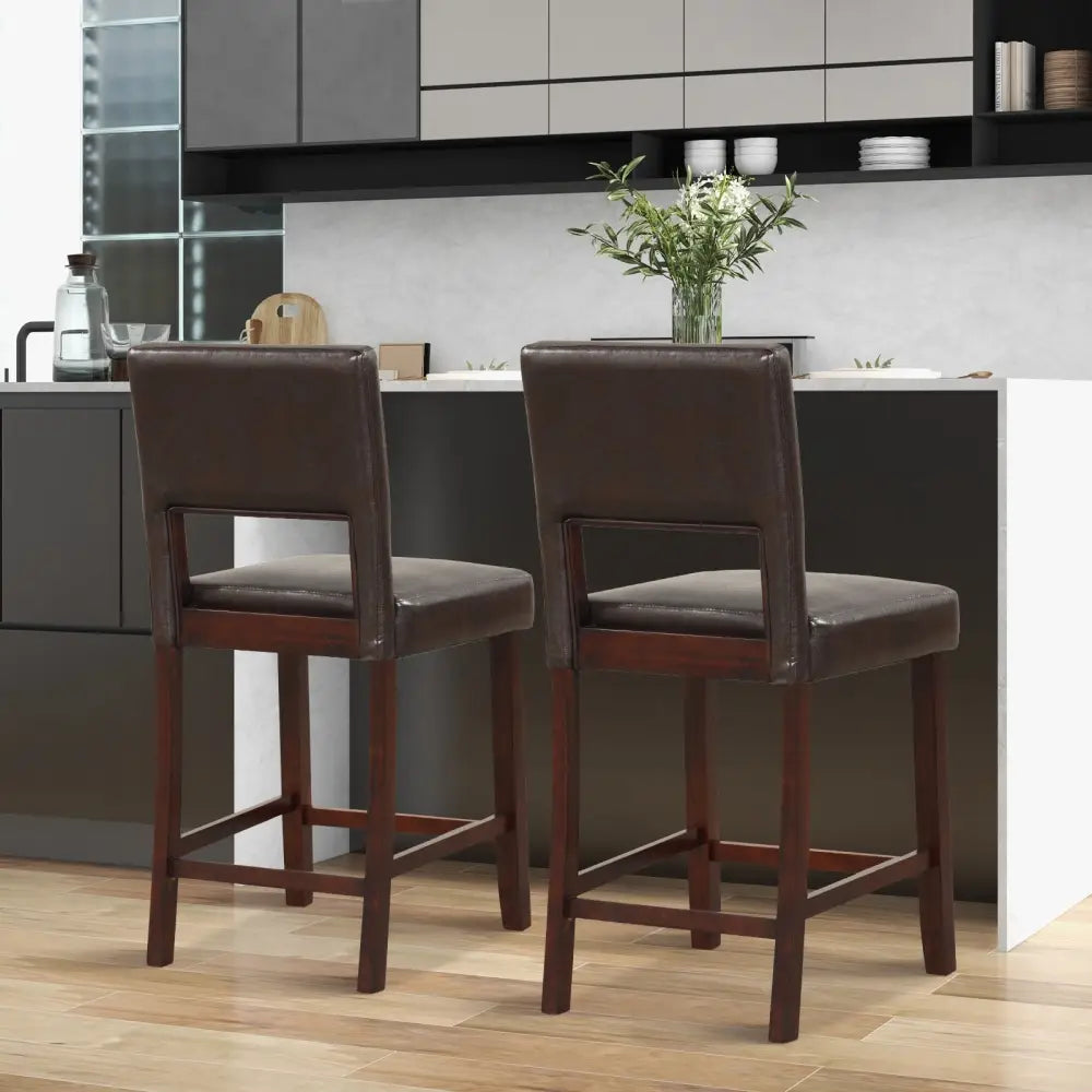 2 Piece Bar Chair Set with Hollowed Back and Rubber Wood Legs-Brown Costway