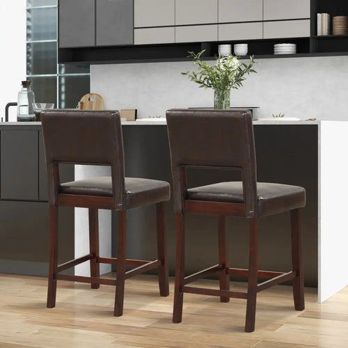 2 Piece Bar Chair Set with Hollowed Back and Rubber Wood Legs-Brown - Brown - Bar Stools