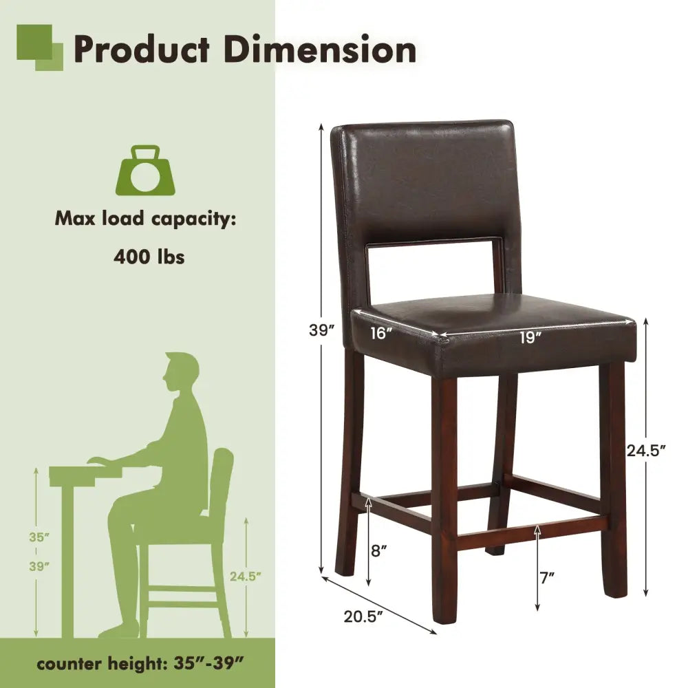 2 Piece Bar Chair Set with Hollowed Back and Rubber Wood Legs-Brown Costway