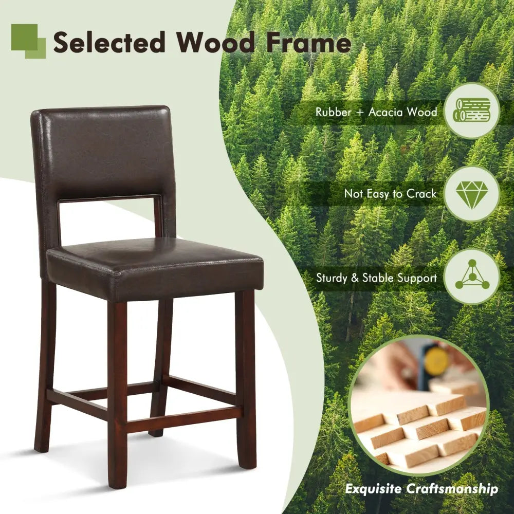 2 Piece Bar Chair Set with Hollowed Back and Rubber Wood Legs-Brown Costway