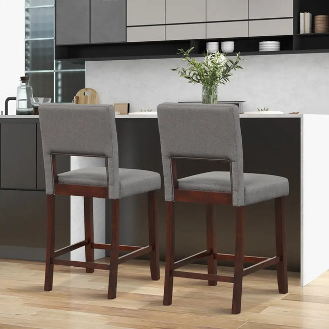2 Piece Bar Chair Set with Hollowed Back and Rubber Wood Legs-Gray Costway