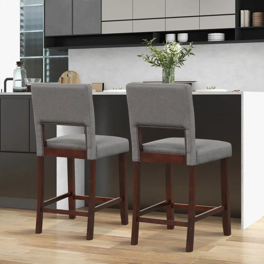 2 Piece Bar Chair Set with Hollowed Back and Rubber Wood Legs-Gray Costway